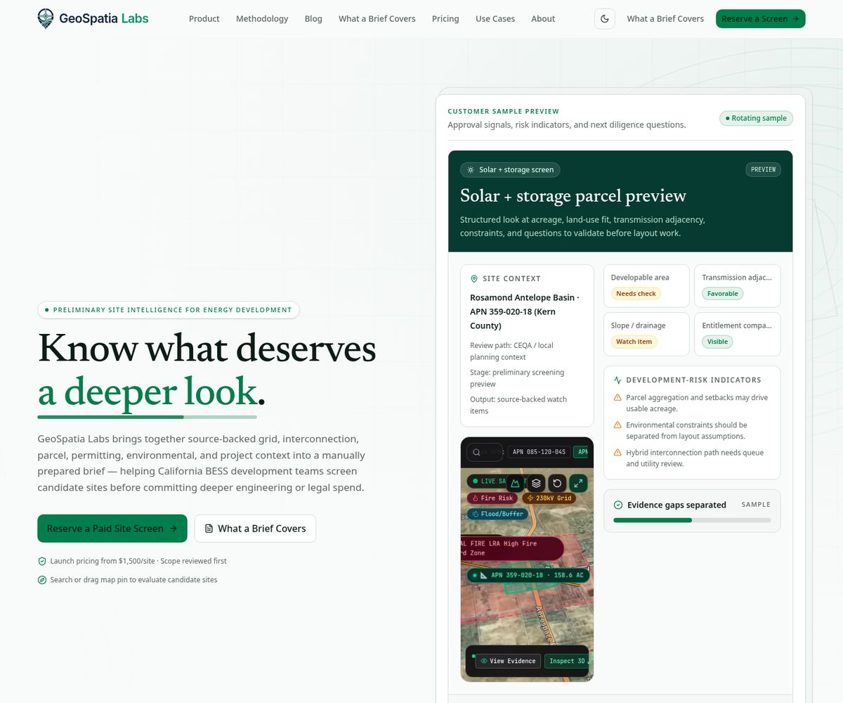 Geospatialabs homepage at geospatialabs.com, showing the hero headline and a sample parcel preview with a map