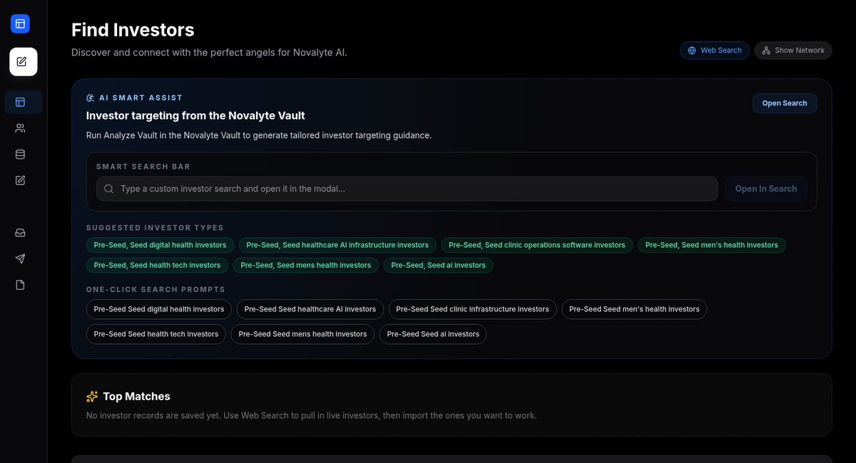 Novalyte Investor Finder search screen with AI-suggested investor types, one-click search prompts, and a Top Matches panel