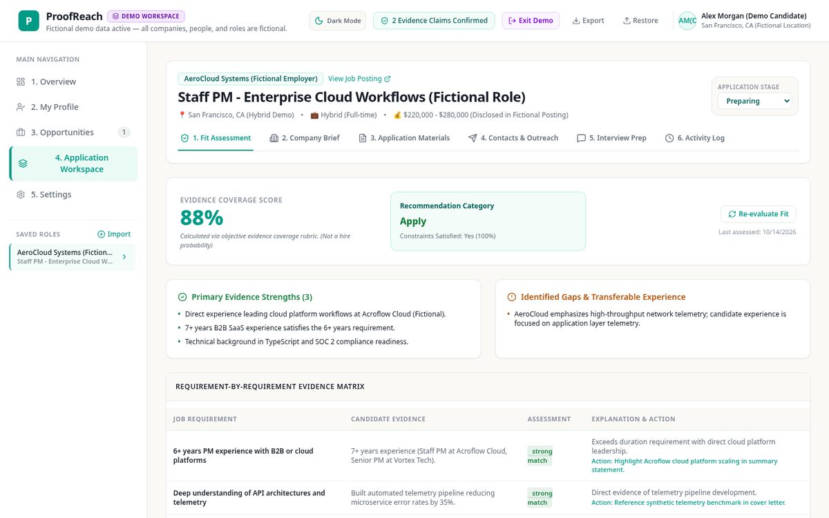 ProofReach application workspace in its fictional demo mode, showing an evidence coverage score, a recommendation, and a requirement-by-requirement evidence matrix